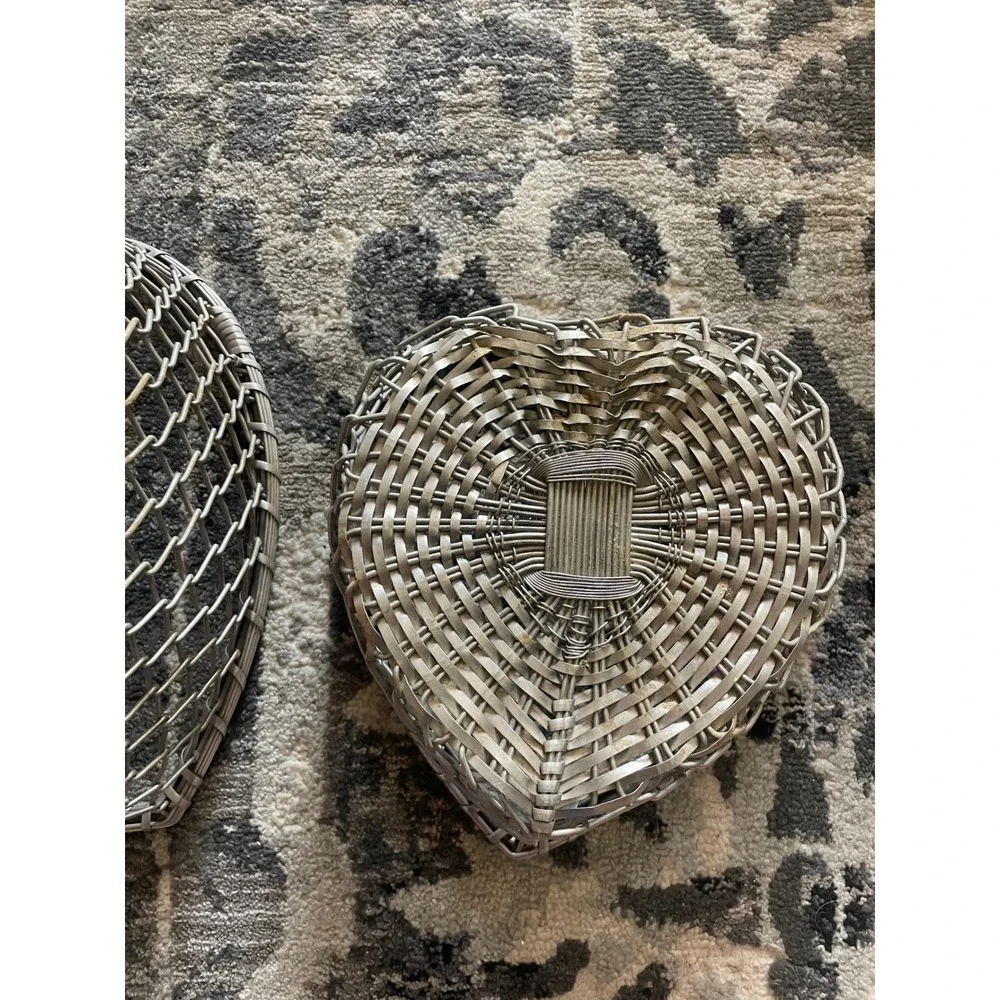 Silver Heart‎ Shaped Woven Wire Nesting Baskets Set of 2 Metallic Storage Decor